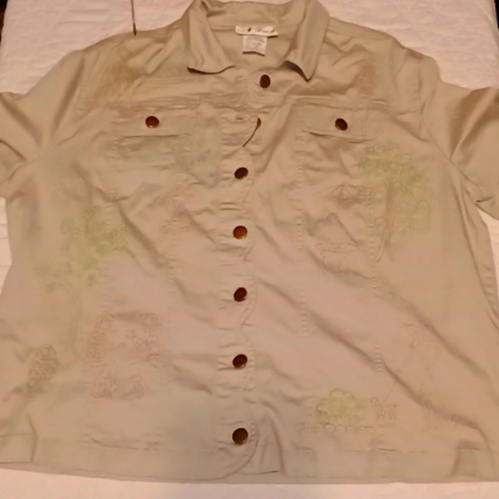 N Touch Size 14 Cream Color With Green And Pink Designs On Front Of Jacket